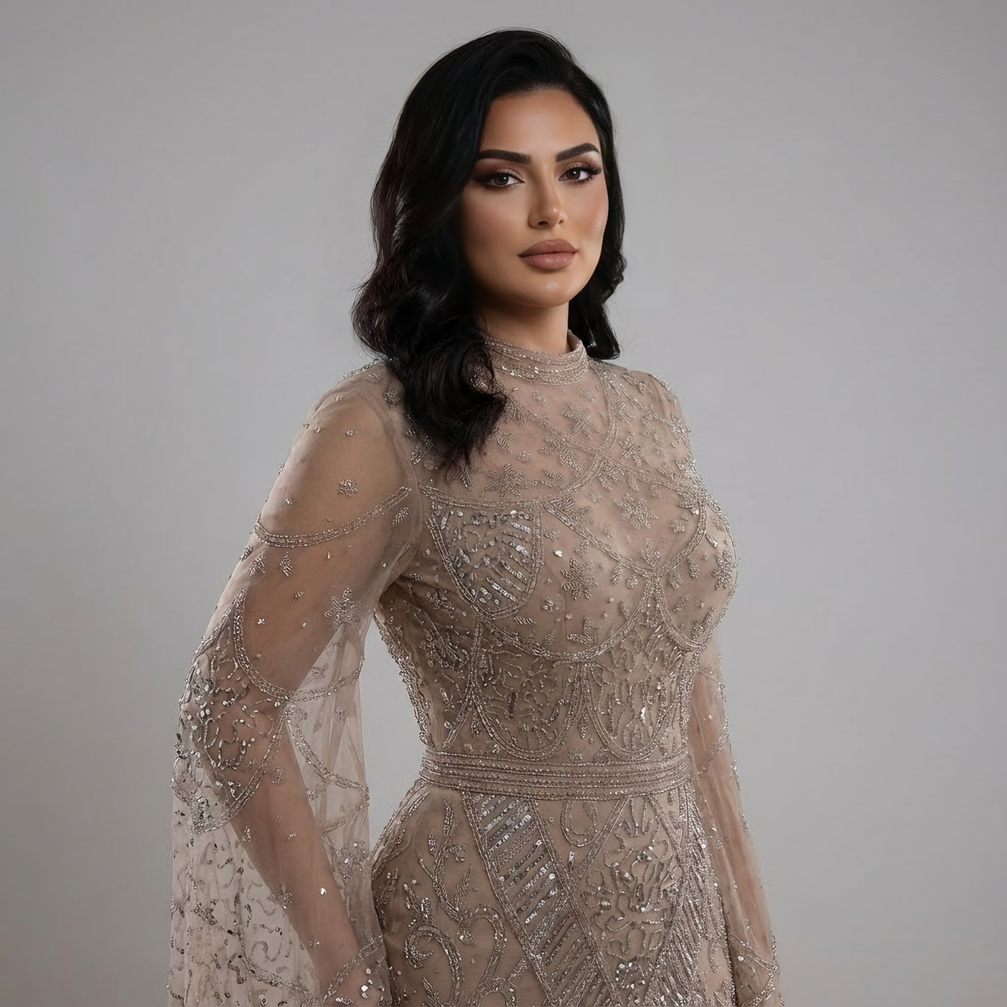 Luxury Dubai Muslim Black Mermaid Elegant Bell Sleeve Beaded Luxury Dubai Long Evening Dress for Formal Occasion LA72316A - SERENE HILL