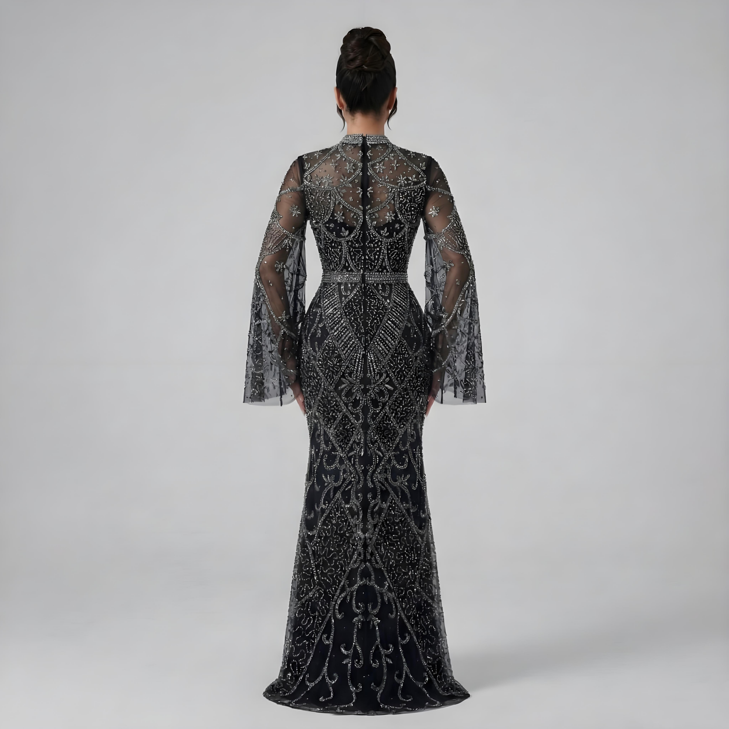 Luxury Dubai Muslim Black Mermaid Elegant Bell Sleeve Beaded Luxury Dubai Long Evening Dress for Formal Occasion LA72316A - SERENE HILL