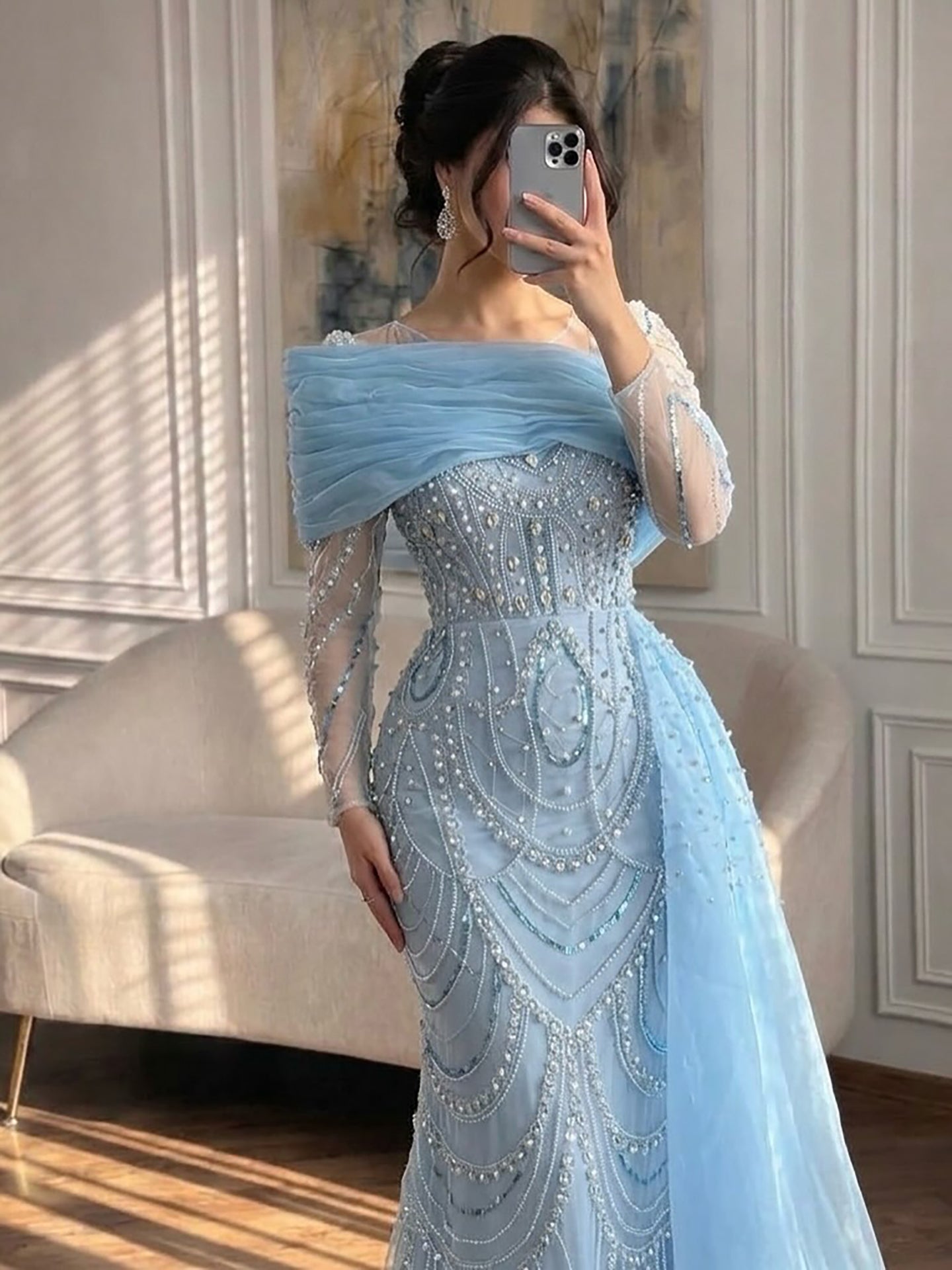 Luxury Designer Nude Crystal Mermaid Evening Dress with Overskirt LA72348