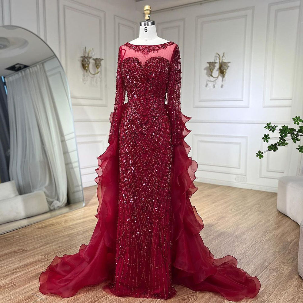 Luxury Fuchsia Beaded Mermaid Evening Dress With Overskirt LA72379 - SERENE HILL