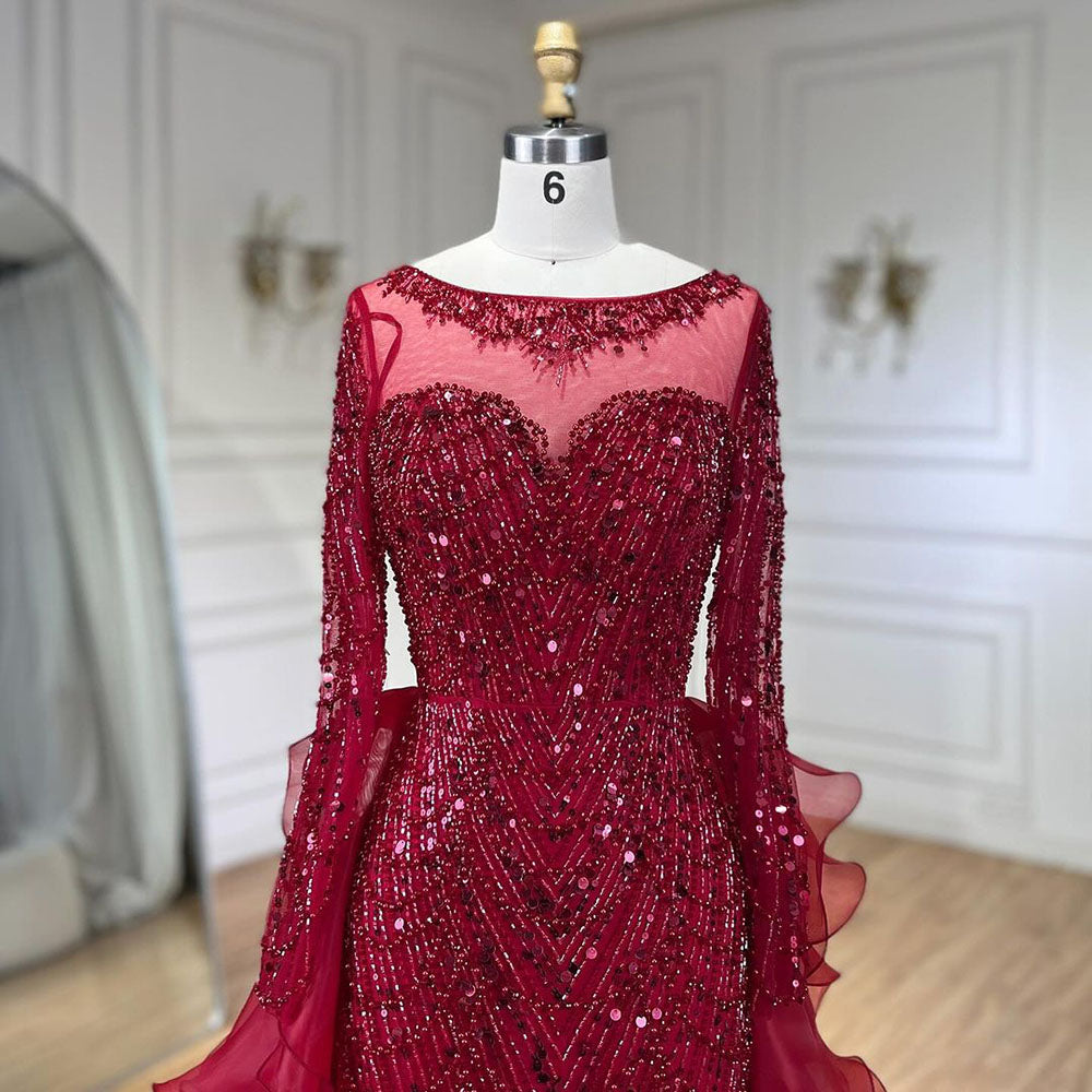 Luxury Fuchsia Beaded Mermaid Evening Dress With Overskirt LA72379 - SERENE HILL
