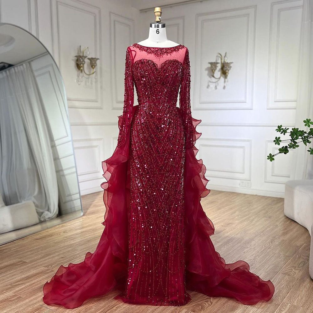 Luxury Fuchsia Beaded Mermaid Evening Dress With Overskirt LA72379 - SERENE HILL