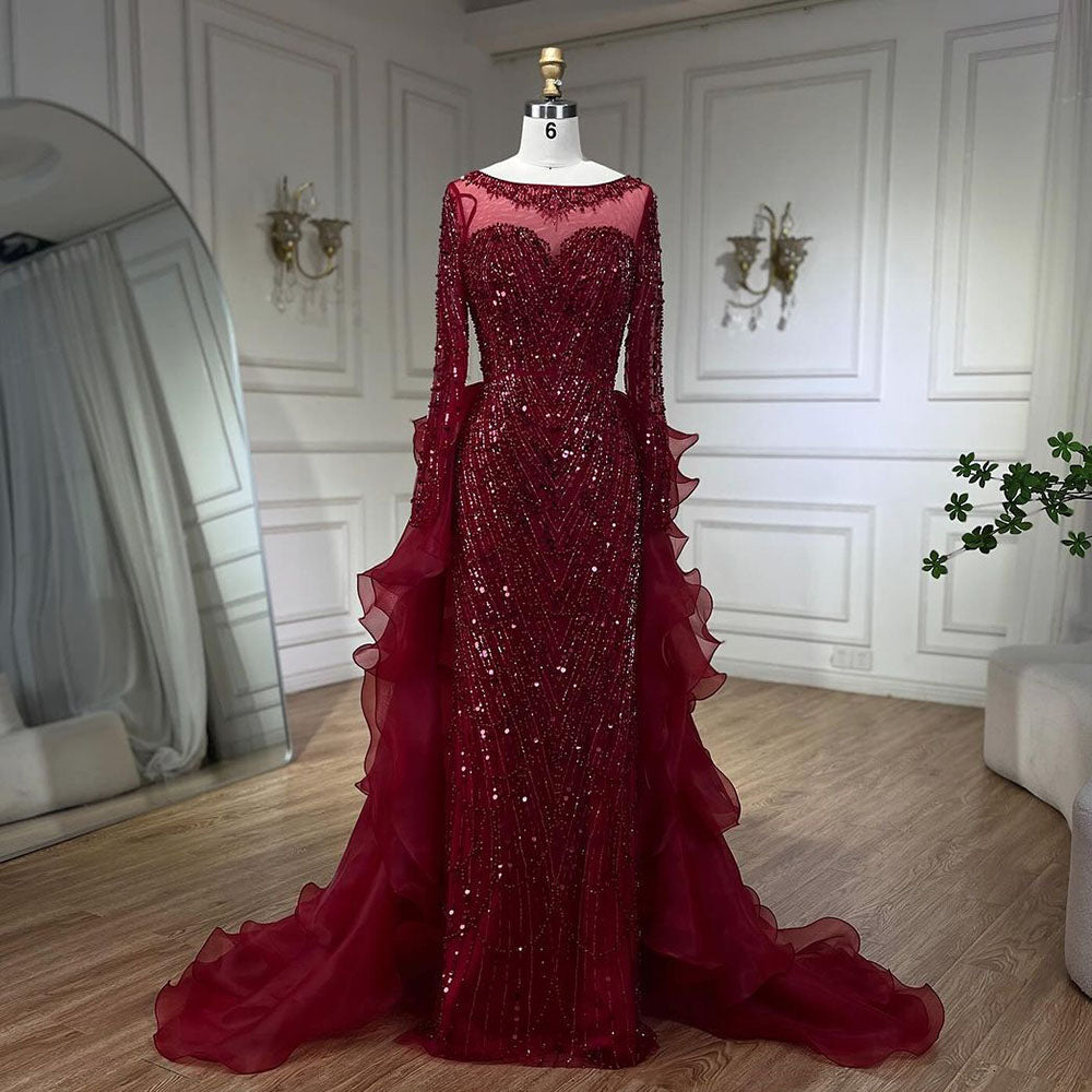 Luxury Fuchsia Beaded Mermaid Evening Dress With Overskirt LA72379 - SERENE HILL