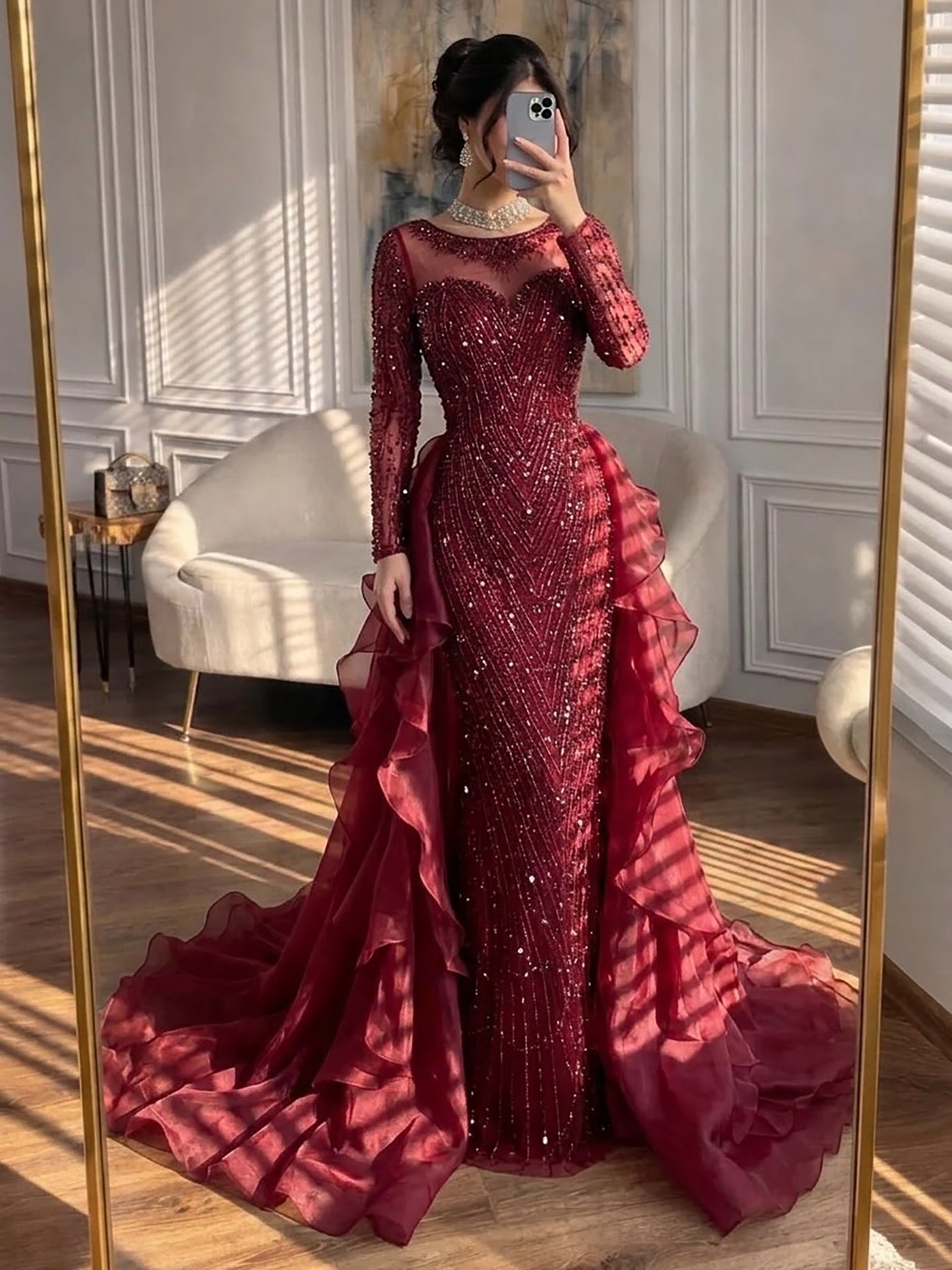 Luxury Fuchsia Beaded Mermaid Evening Dress With Overskirt LA72379 - SERENE HILL