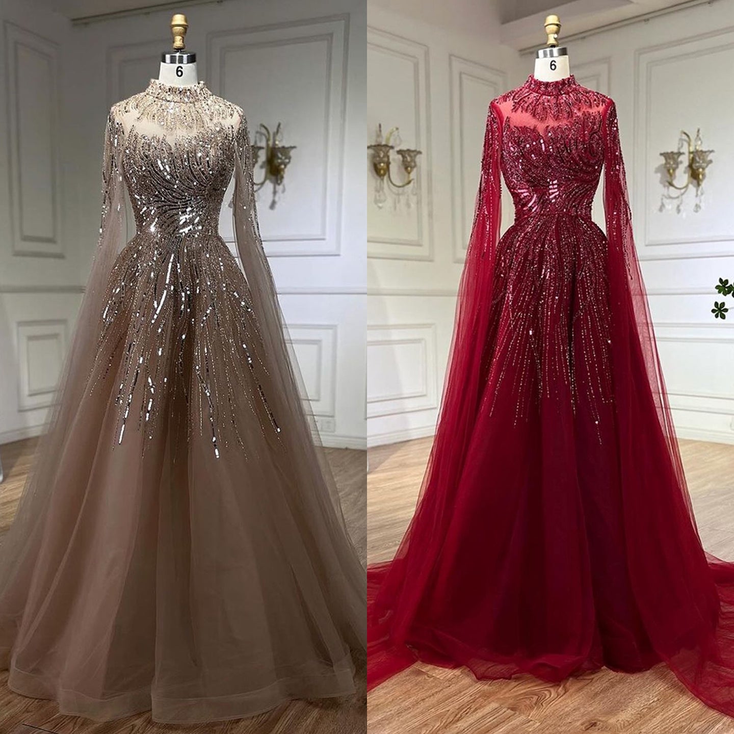 Luxury Caramel Beaded Lace A Line Evening Dress With Cape Sleeves LA72386 - SERENE HILL