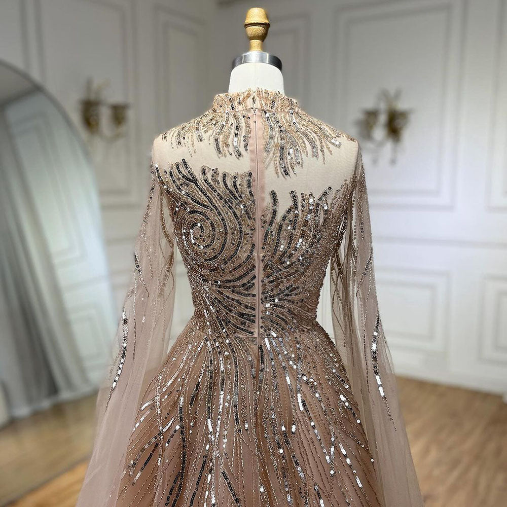 Luxury Caramel Beaded Lace A Line Evening Dress With Cape Sleeves LA72386 - SERENE HILL