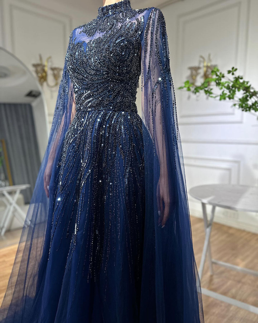Luxury Caramel Beaded Lace A Line Evening Dress With Cape Sleeves LA72386 - SERENE HILL