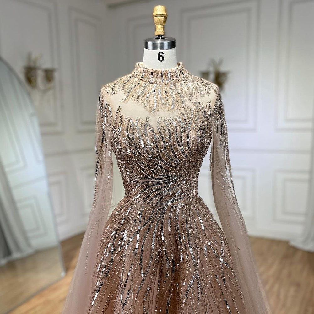 Luxury Caramel Beaded Lace A Line Evening Dress With Cape Sleeves LA72386 - SERENE HILL