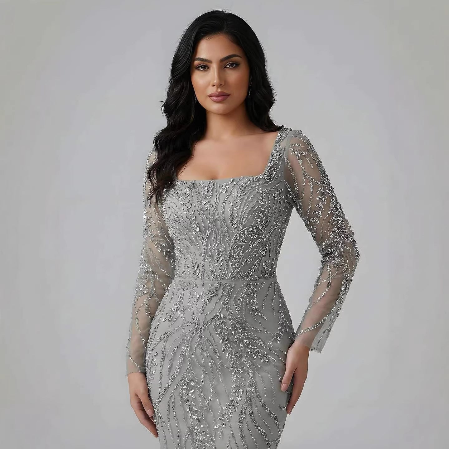 Saudi Arabic Luxury Sage Green Beaded Long Sleeves Mermaid Evening Dress LA72413B