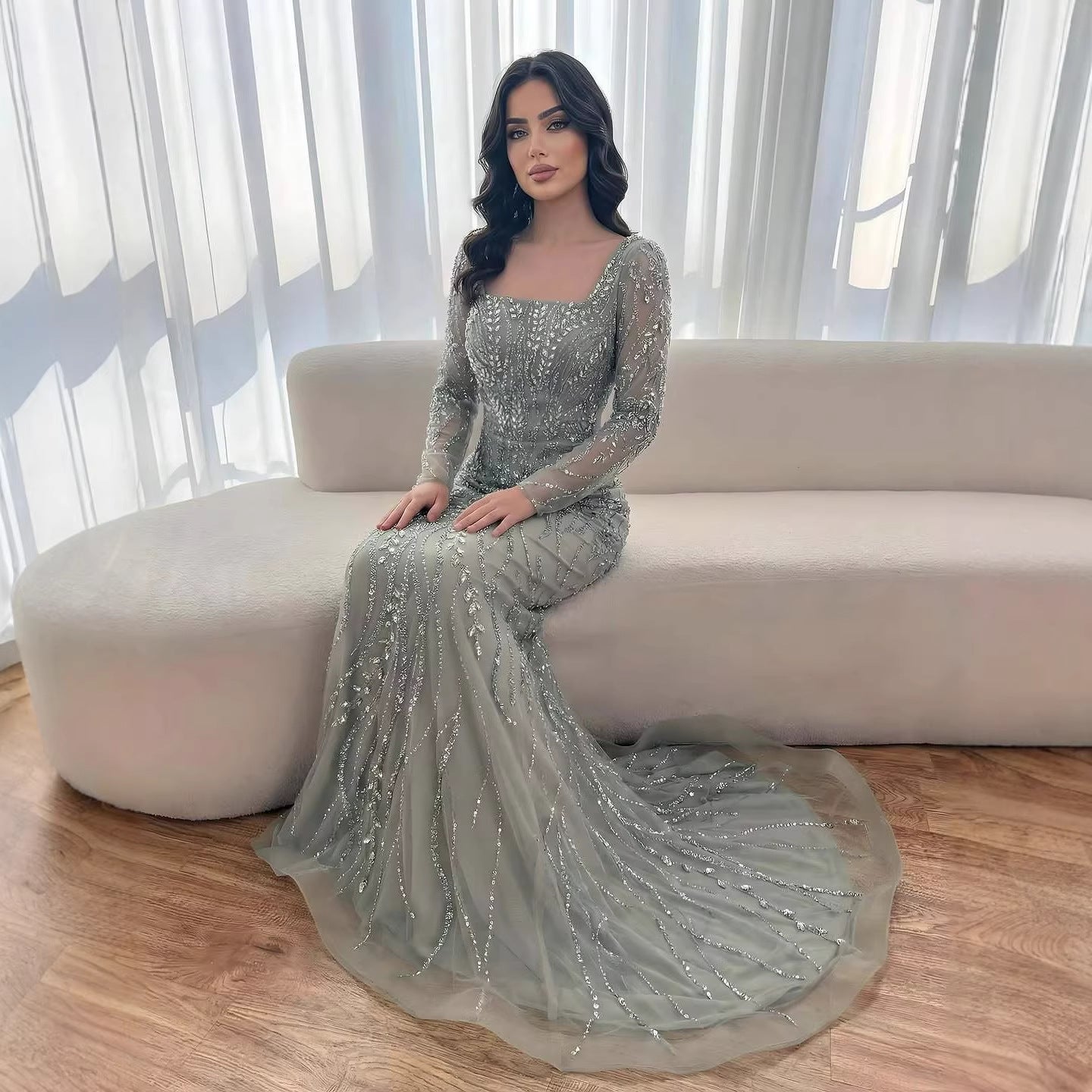 Saudi Arabic Luxury Sage Green Beaded Long Sleeves Mermaid Evening Dress LA72413B