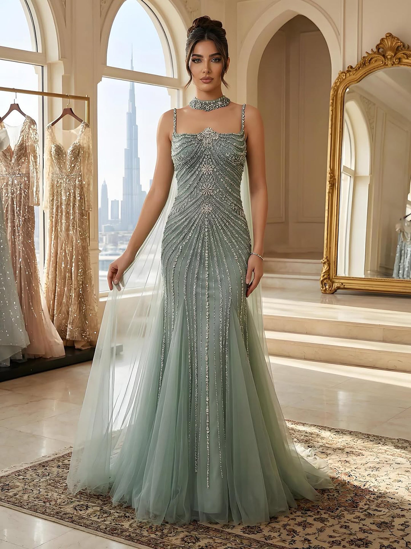 Luxury Navy Blue Mermaid Evening Dress with Chocker Cape LA72440 - SERENE HILL