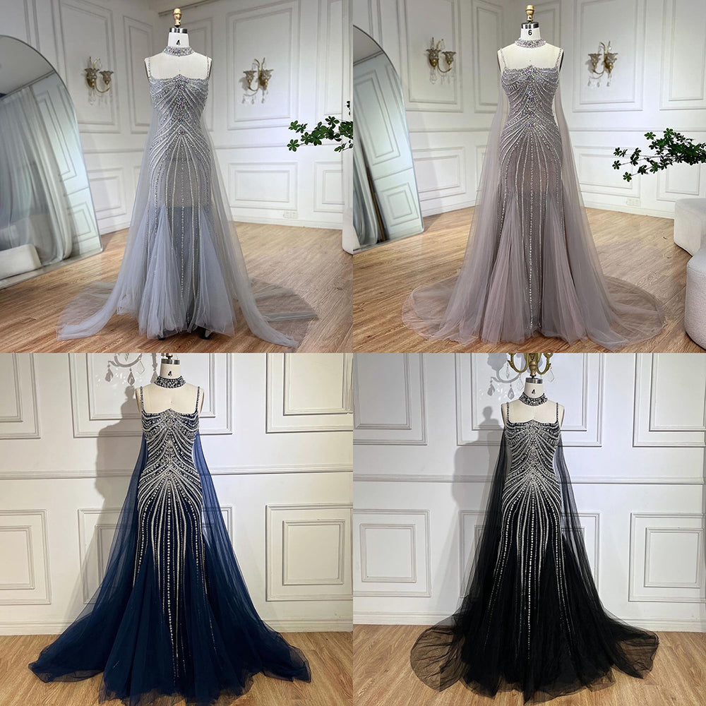 Luxury Navy Blue Mermaid Evening Dress with Chocker Cape LA72440 - SERENE HILL