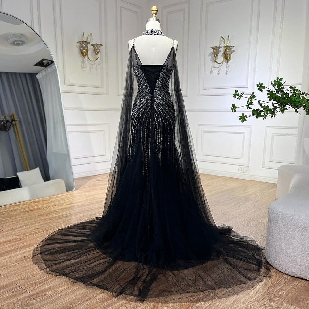 Luxury Navy Blue Mermaid Evening Dress with Chocker Cape LA72440 - SERENE HILL