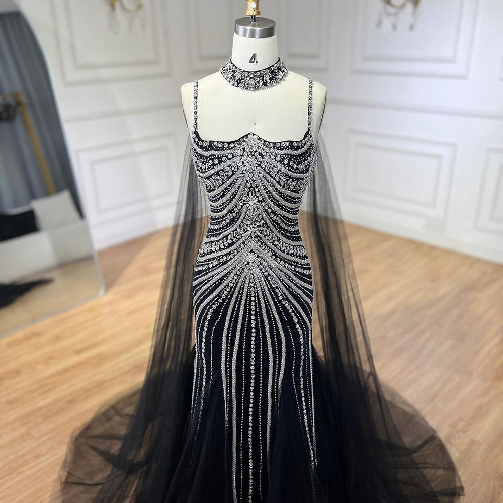 Luxury Navy Blue Mermaid Evening Dress with Chocker Cape LA72440 - SERENE HILL
