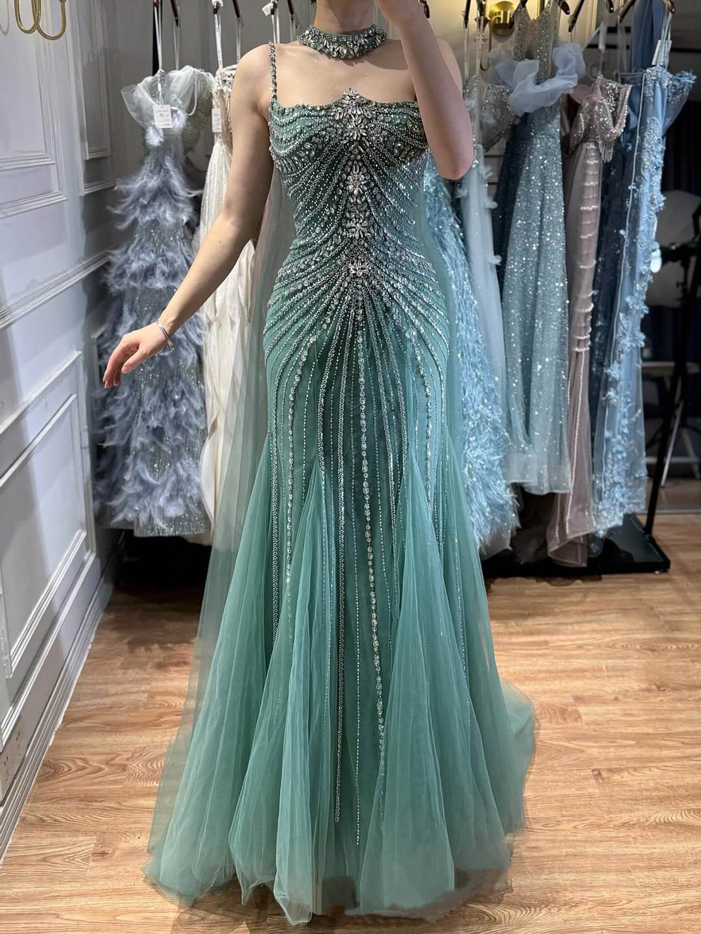 Luxury Navy Blue Mermaid Evening Dress with Chocker Cape LA72440 - SERENE HILL