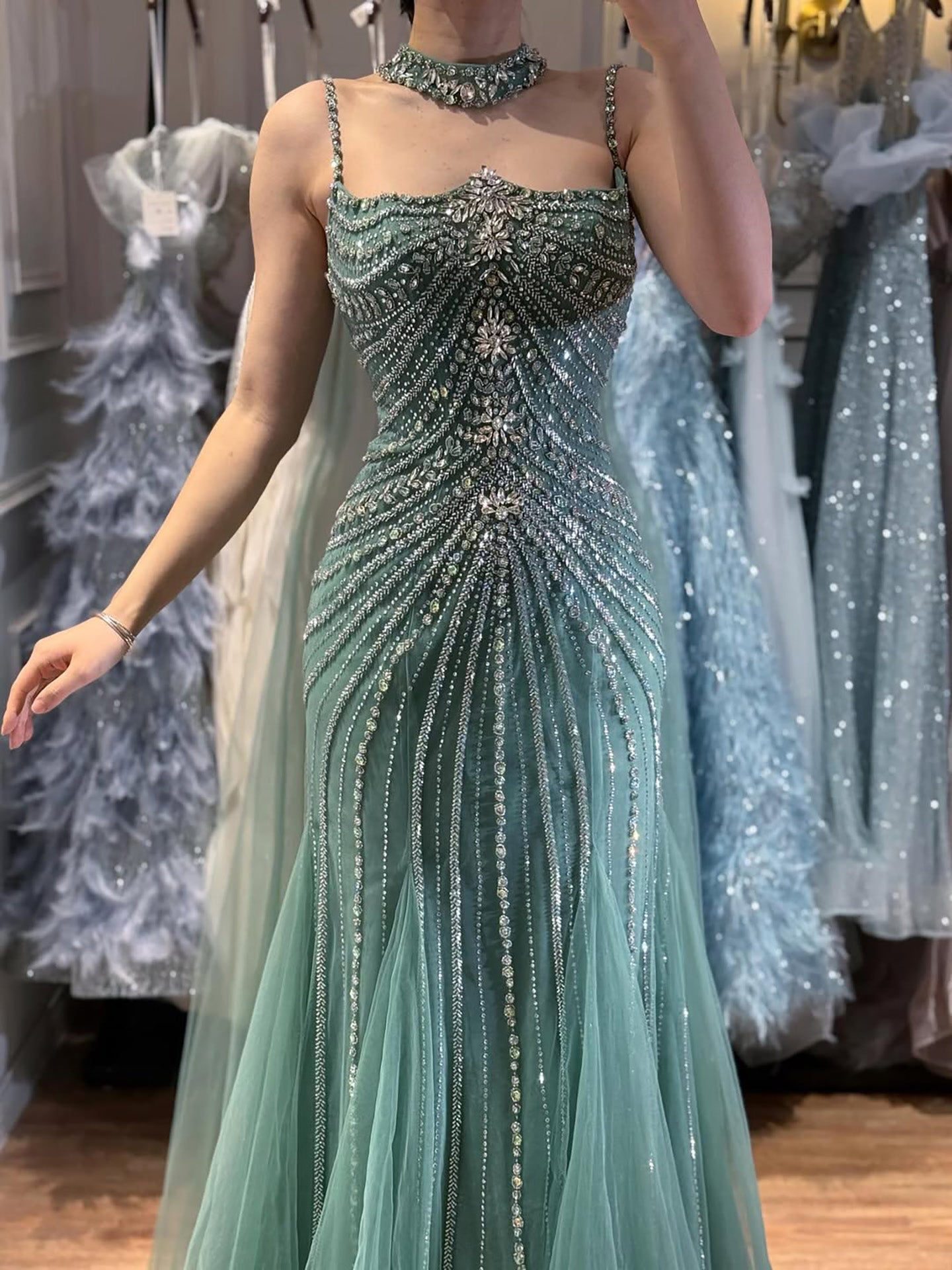 Luxury Navy Blue Mermaid Evening Dress with Chocker Cape LA72440 - SERENE HILL