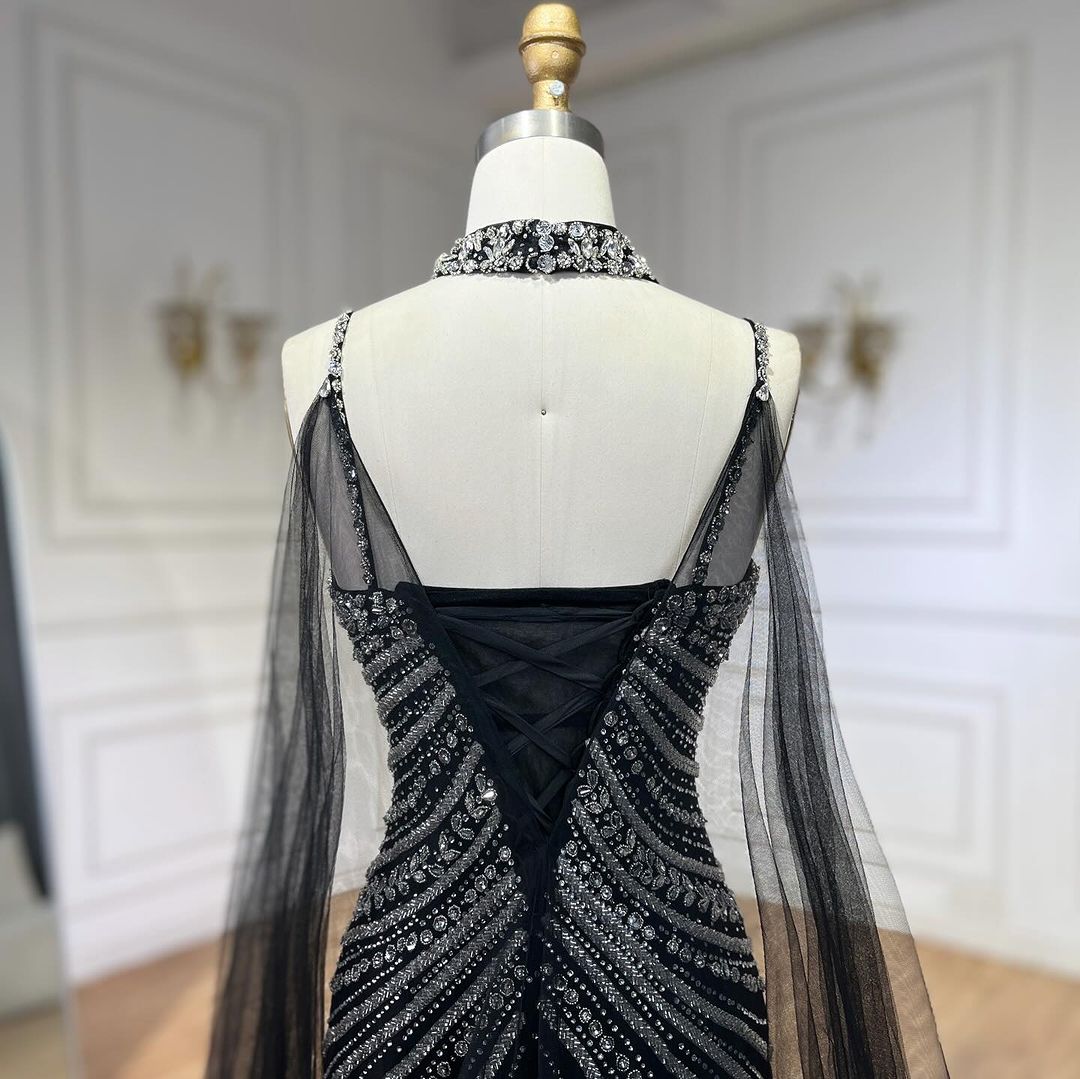 Luxury Navy Blue Mermaid Evening Dress with Chocker Cape LA72440 - SERENE HILL