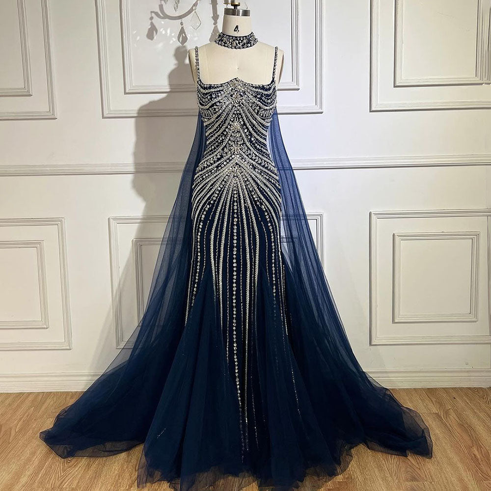 Luxury Navy Blue Mermaid Evening Dress with Chocker Cape LA72440 - SERENE HILL