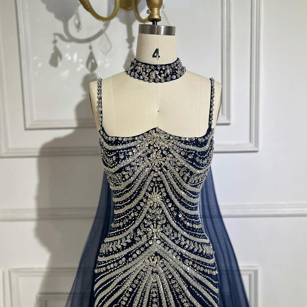 Luxury Navy Blue Mermaid Evening Dress with Chocker Cape LA72440 - SERENE HILL