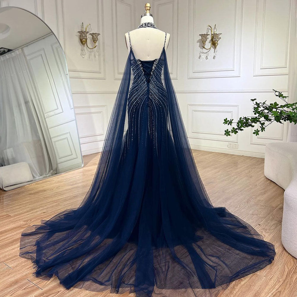 Luxury Navy Blue Mermaid Evening Dress with Chocker Cape LA72440 - SERENE HILL