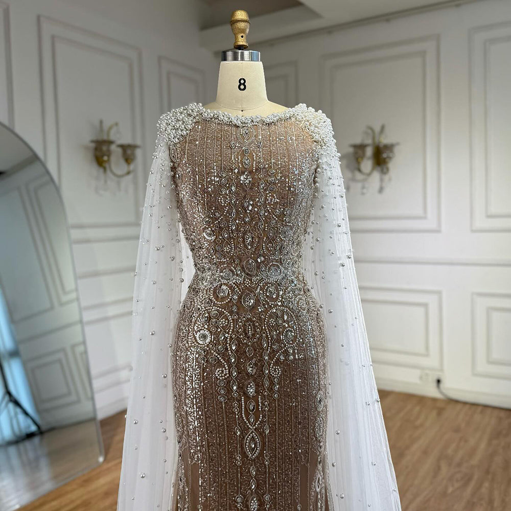 Luxury White Nude Mermaid Pearls Beaded Evening Dress with Cape Sleeves LA72444 - SERENE HILL