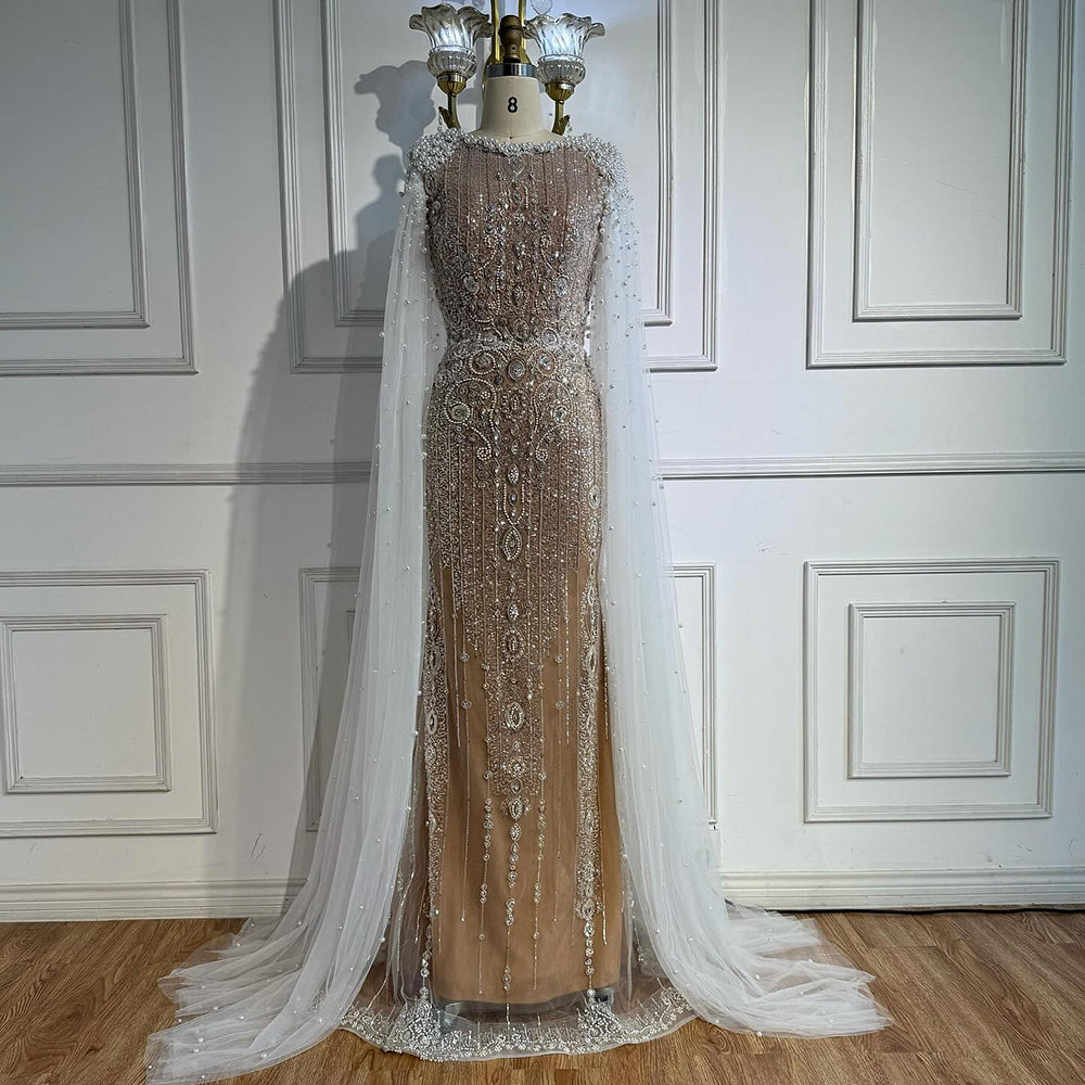 Luxury White Nude Mermaid Pearls Beaded Evening Dress with Cape Sleeves LA72444 - SERENE HILL