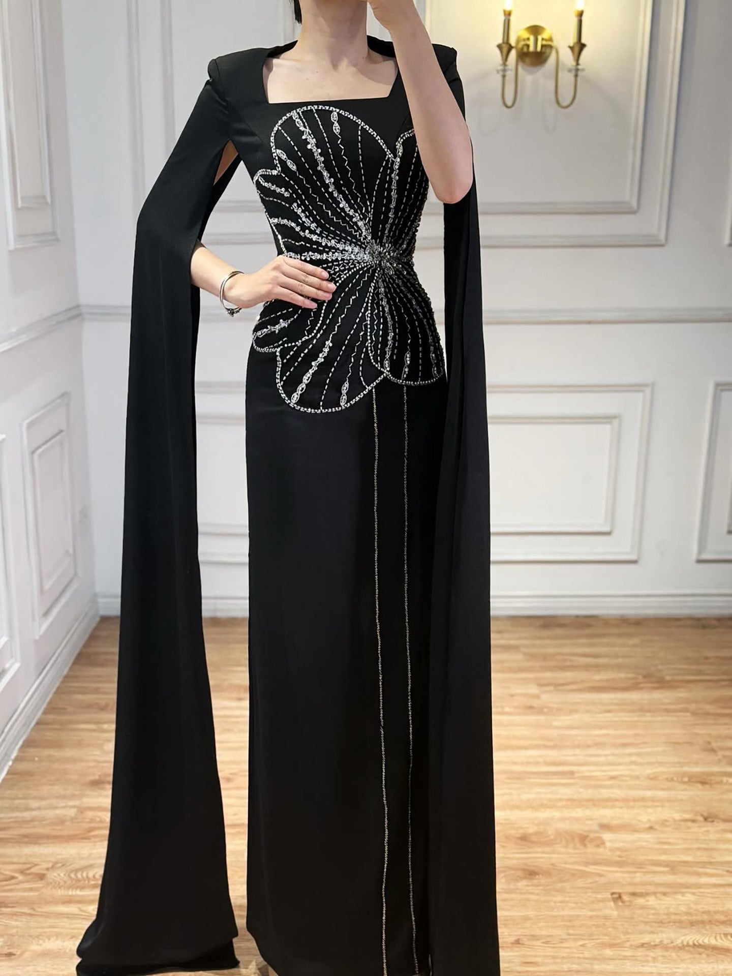 Elegant Black Luxury Beaded Arabic Evening Dress with Cape Sleeves LA72461 - SERENE HILL