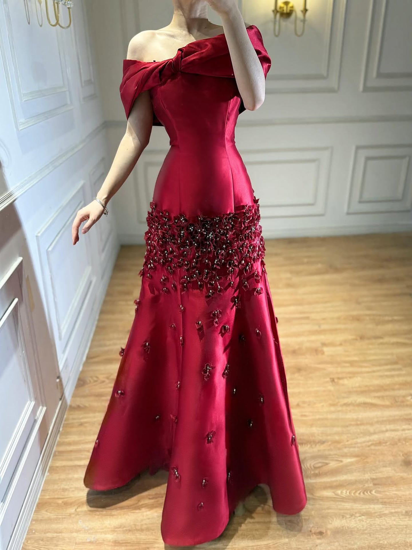 Luxury Peach Satin Mermaid Evening Dress with Appliques LA72483 - SERENE HILL