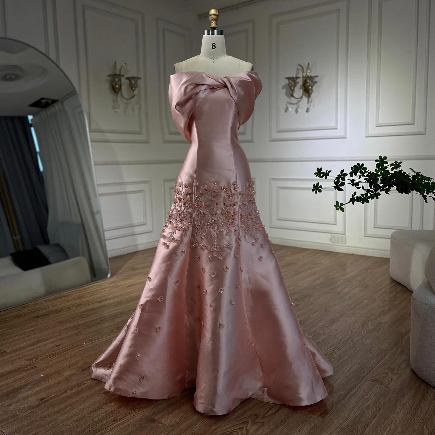 Luxury Peach Satin Mermaid Evening Dress with Appliques LA72483 - SERENE HILL