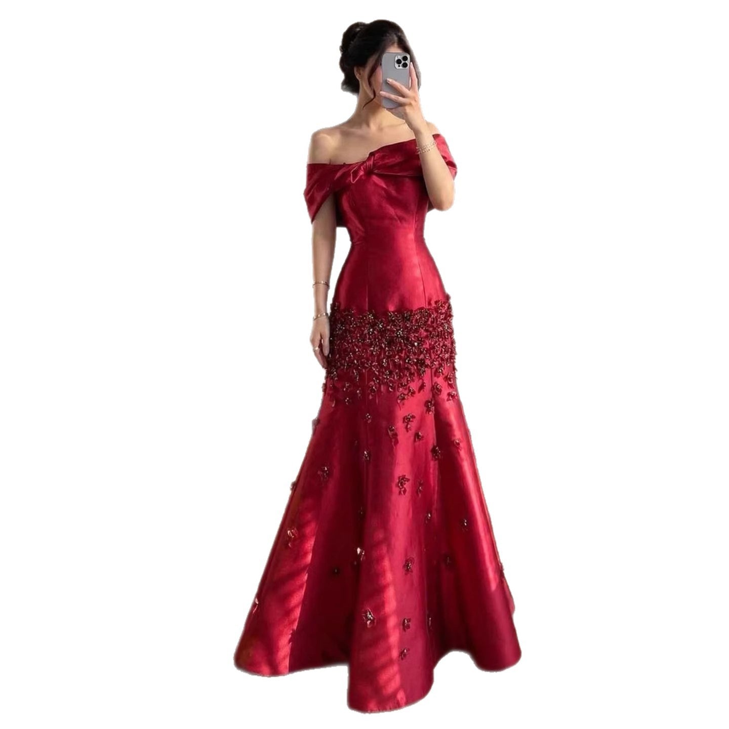 Luxury Peach Satin Mermaid Evening Dress with Appliques LA72483 - SERENE HILL