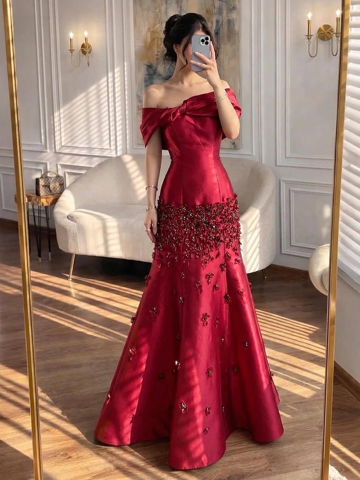 Luxury Peach Satin Mermaid Evening Dress with Appliques LA72483 - SERENE HILL