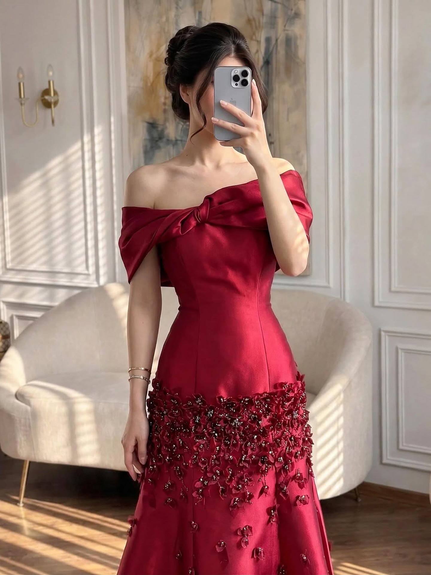 Luxury Peach Satin Mermaid Evening Dress with Appliques LA72483 - SERENE HILL