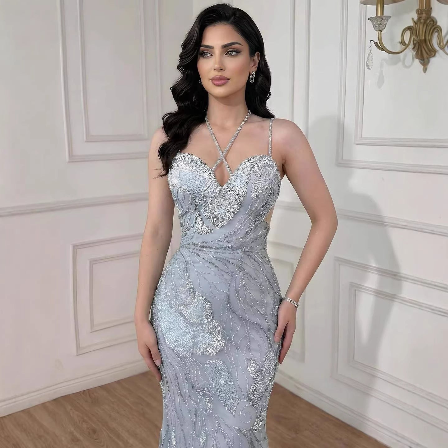Luxury Pink Beaded Mermaid Evening Dress with Spaghetti Straps LA72492