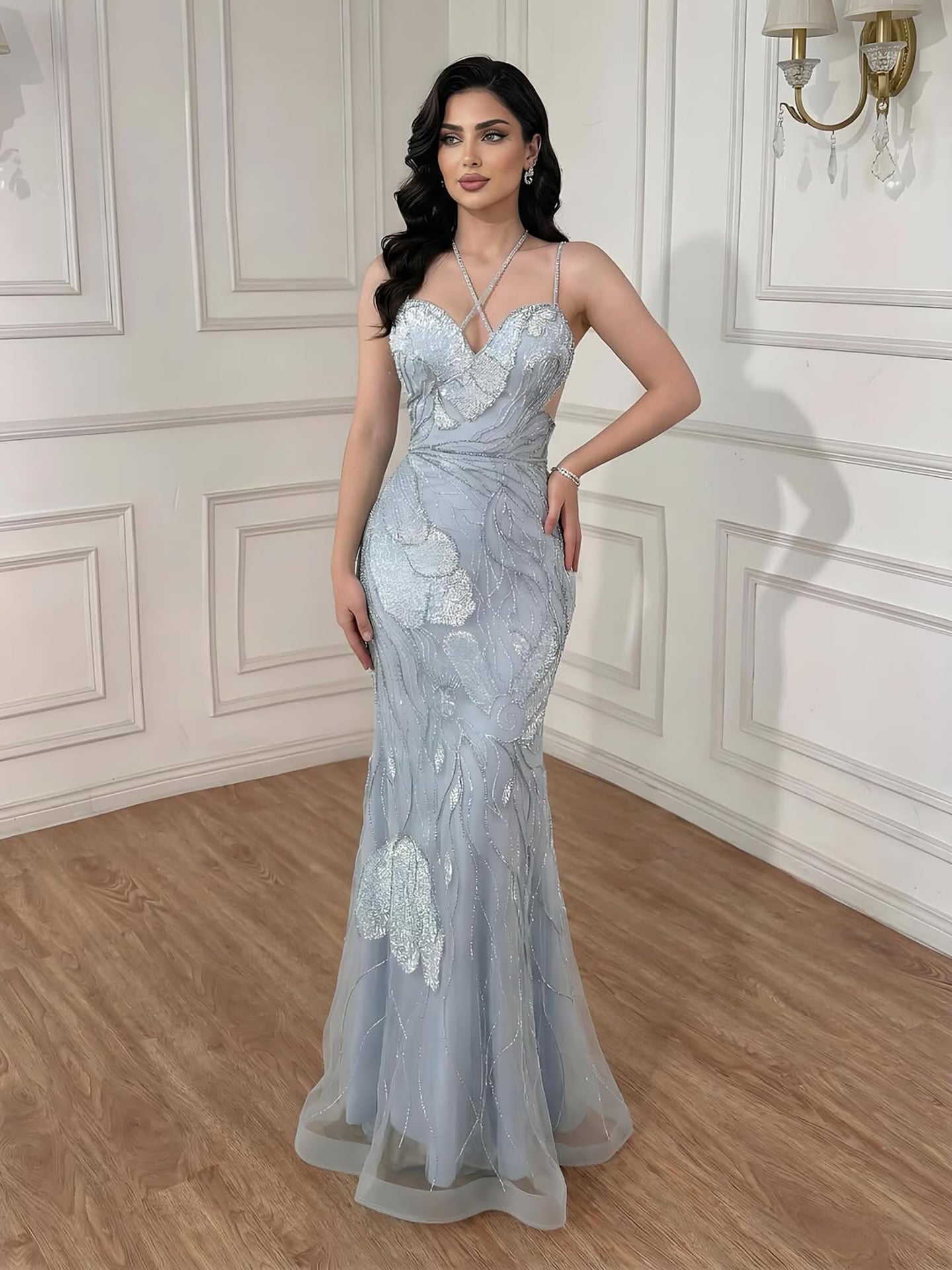 Luxury Pink Beaded Mermaid Evening Dress with Spaghetti Straps LA72492