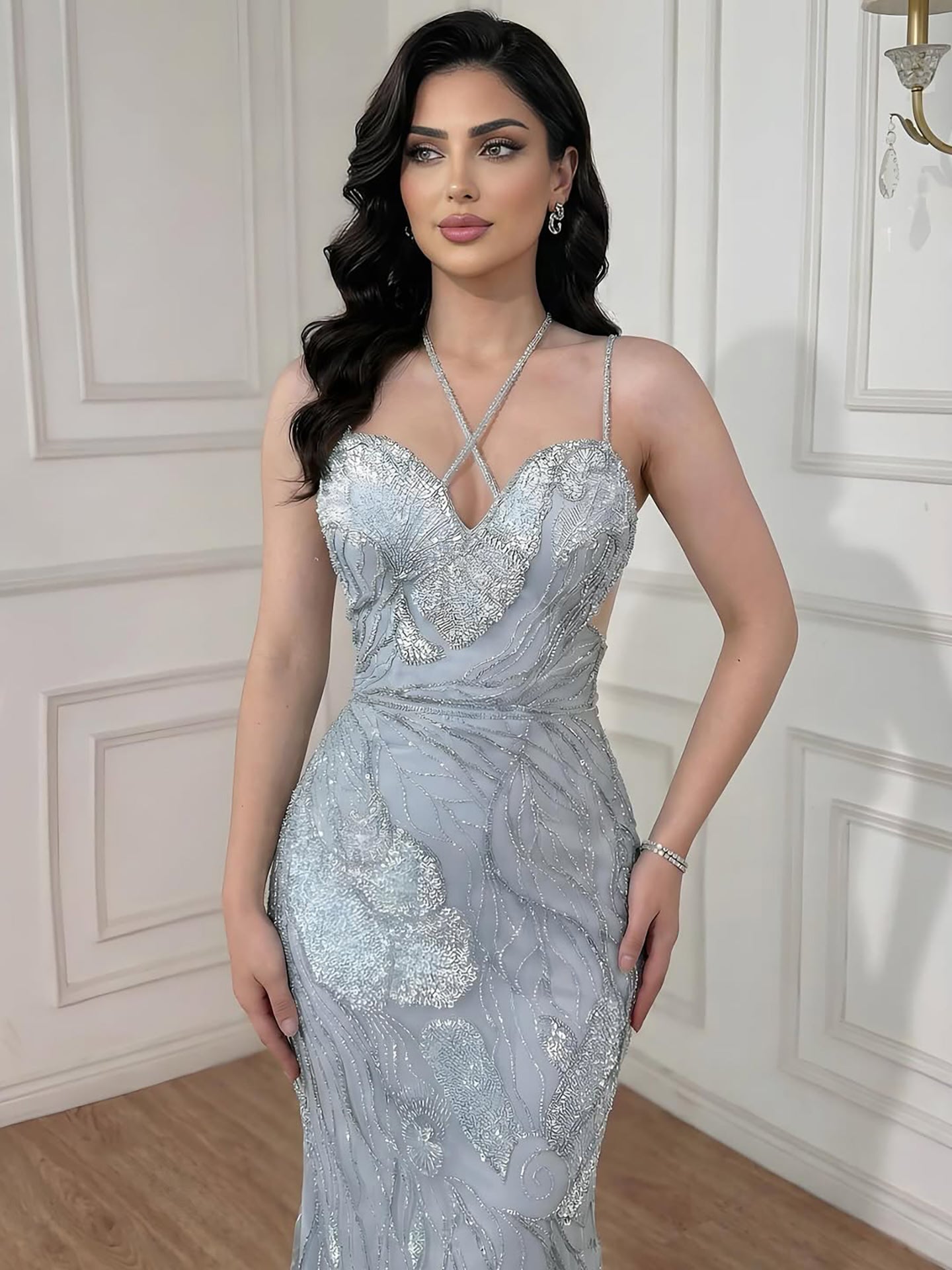 Luxury Pink Beaded Mermaid Evening Dress with Spaghetti Straps LA72492