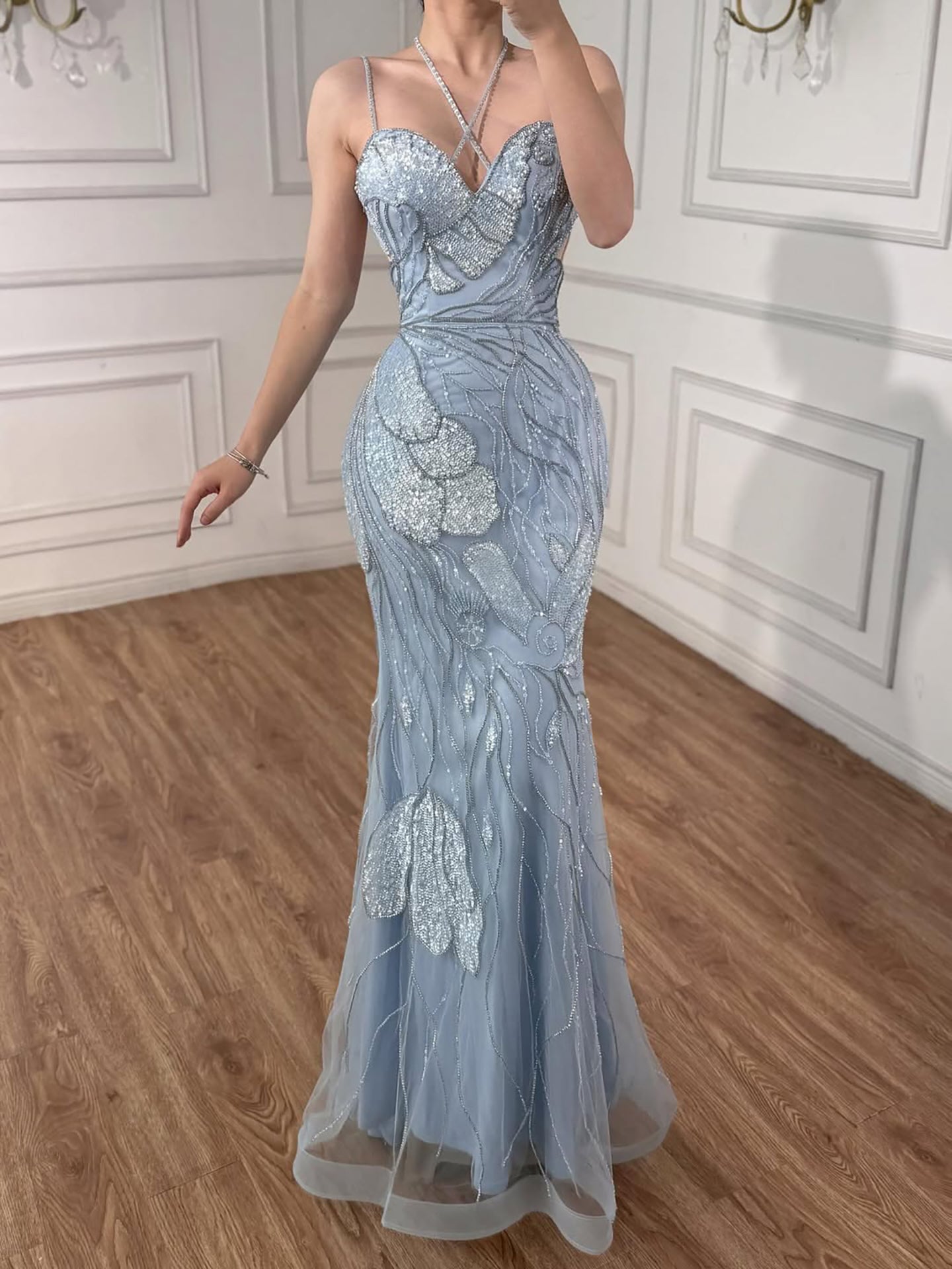 Luxury Pink Beaded Mermaid Evening Dress with Spaghetti Straps LA72492