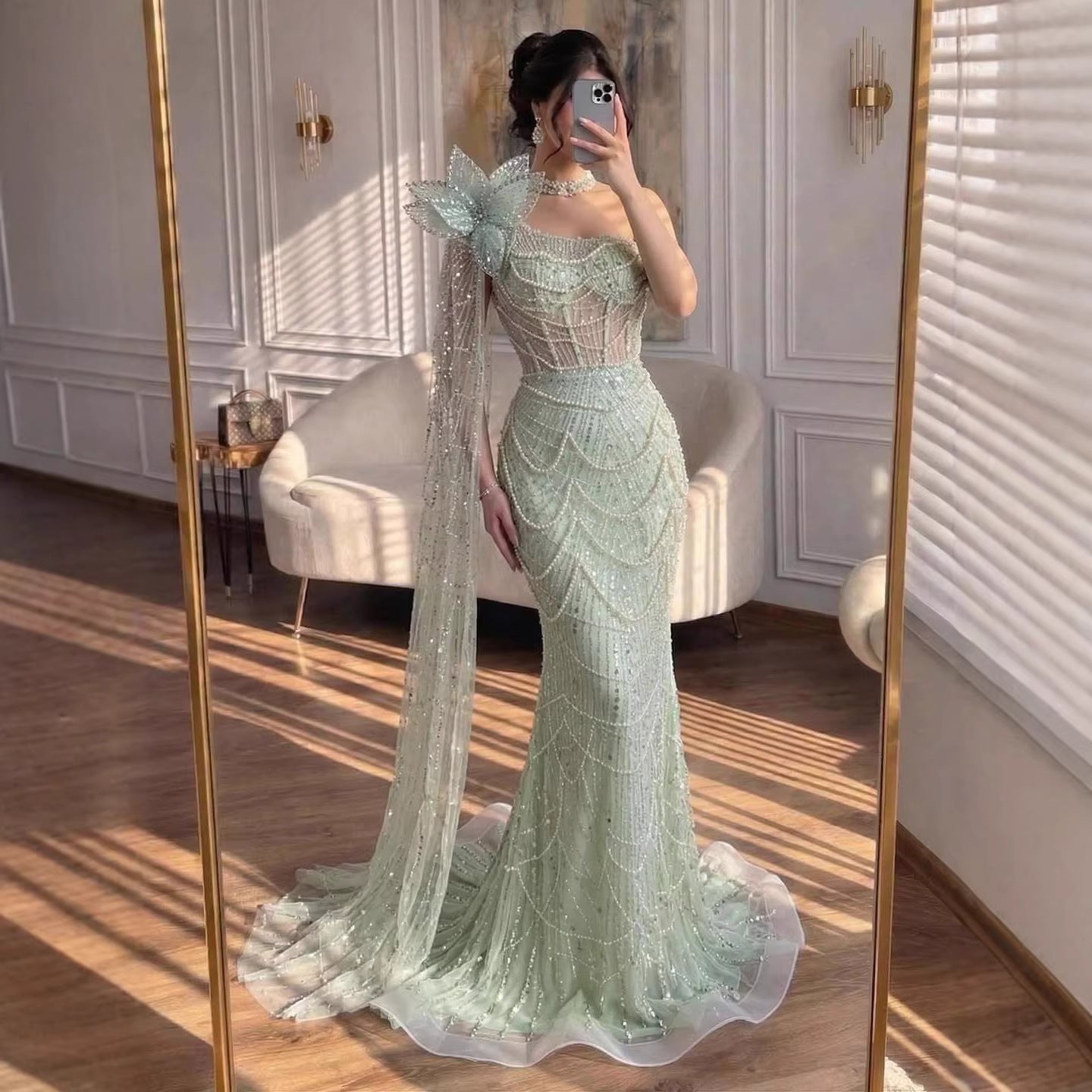 Luxury Sage Green One-Shoulder Pearls Beaded Evening Dress LA72511 - SERENE HILL
