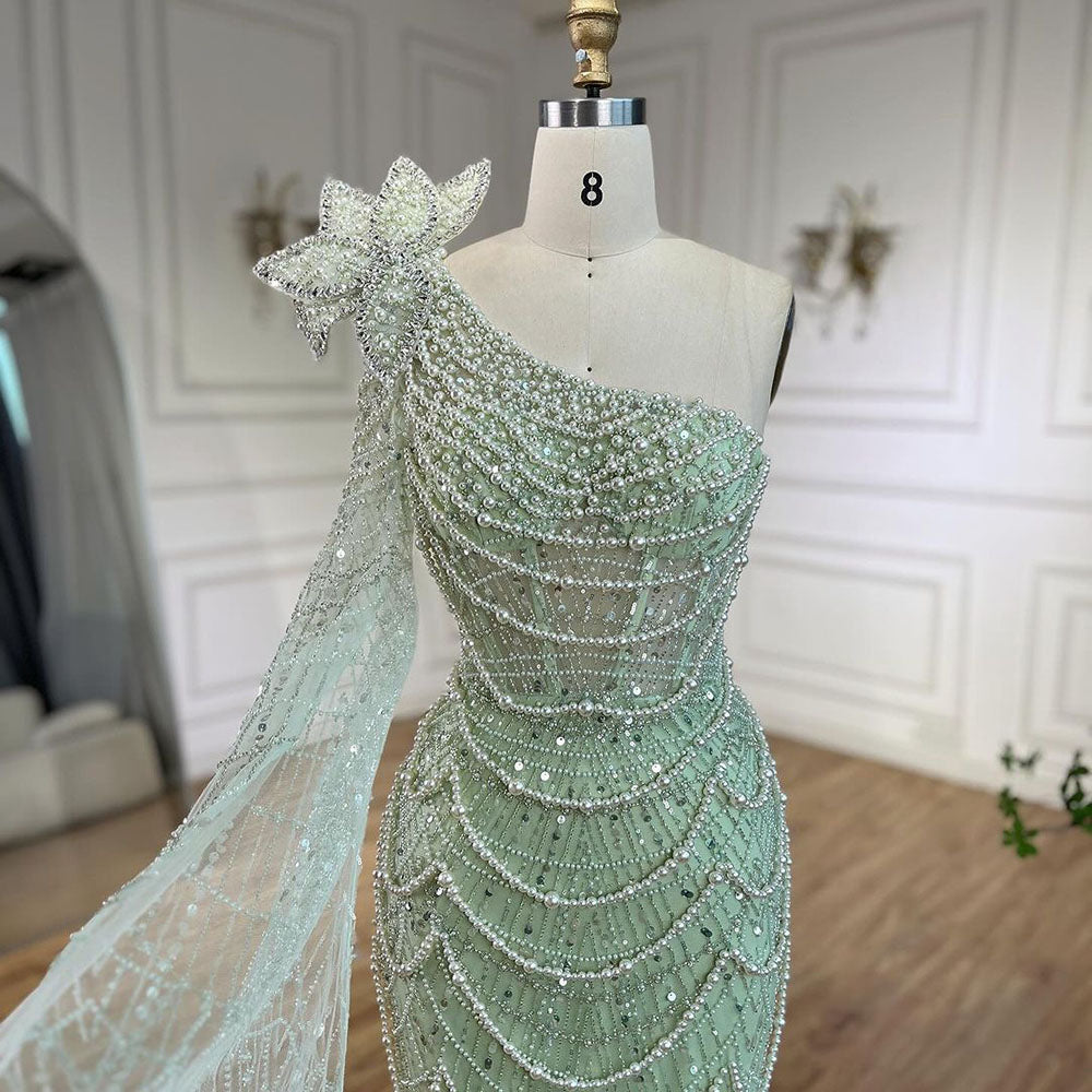 Luxury Sage Green One-Shoulder Pearls Beaded Evening Dress LA72511 - SERENE HILL