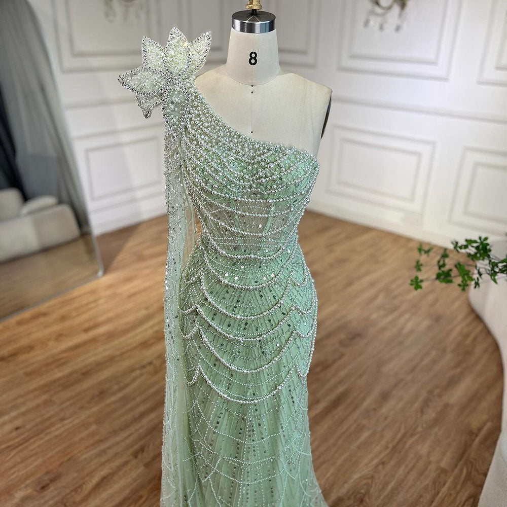 Luxury Sage Green One-Shoulder Pearls Beaded Evening Dress LA72511 - SERENE HILL