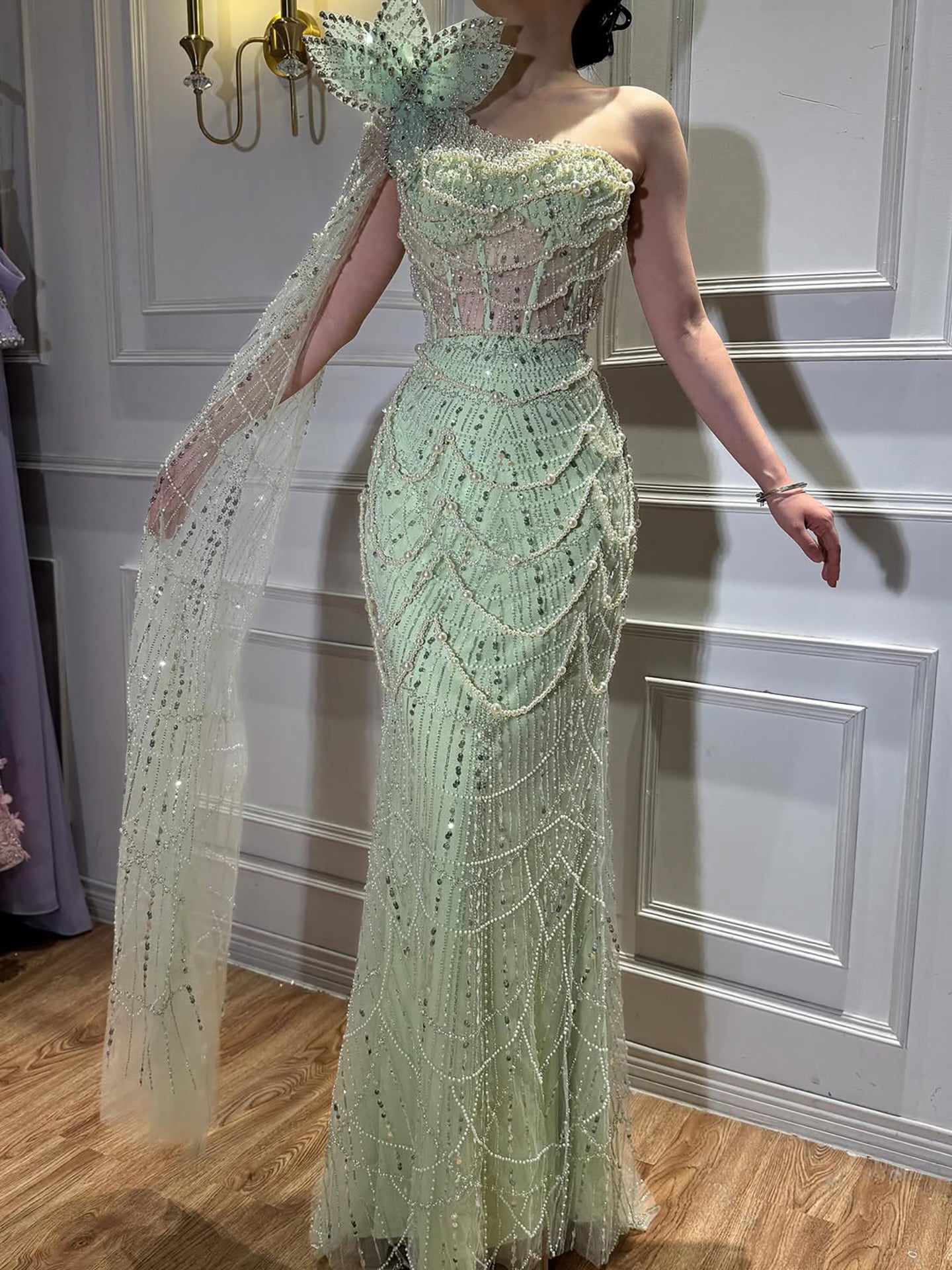 Luxury Sage Green One-Shoulder Pearls Beaded Evening Dress LA72511 - SERENE HILL