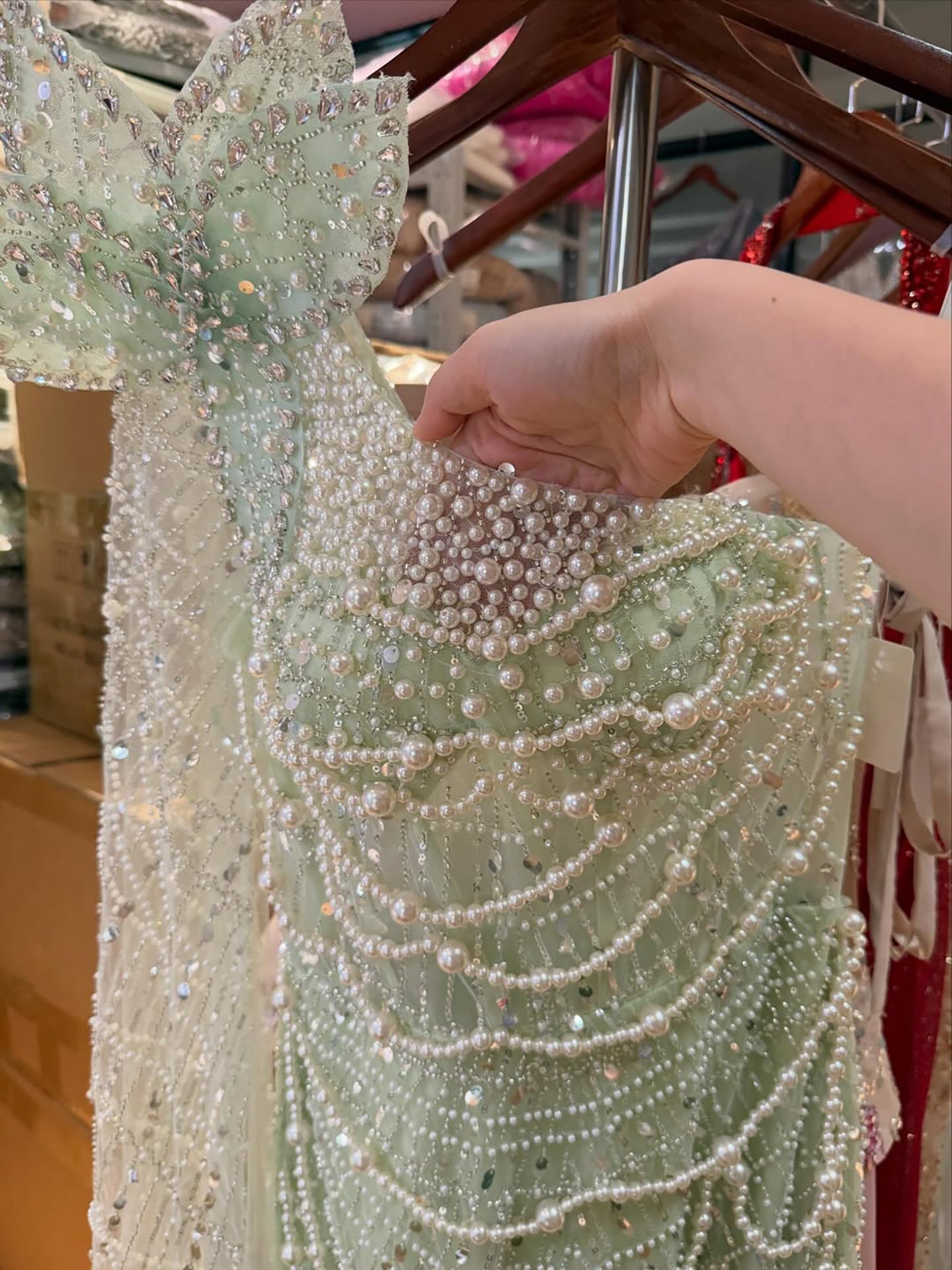 Luxury Sage Green One-Shoulder Pearls Beaded Evening Dress LA72511 - SERENE HILL