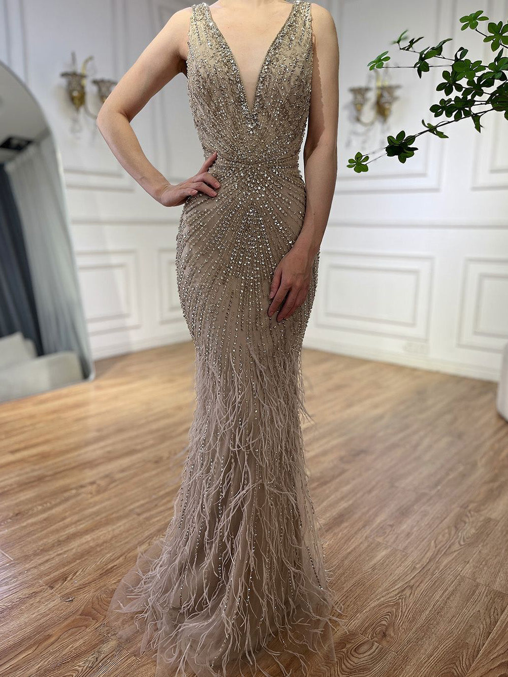 Luxury Blue Spaghetti Strap Beaded Feather Mermaid Evening Dress LA72525 - SERENE HILL