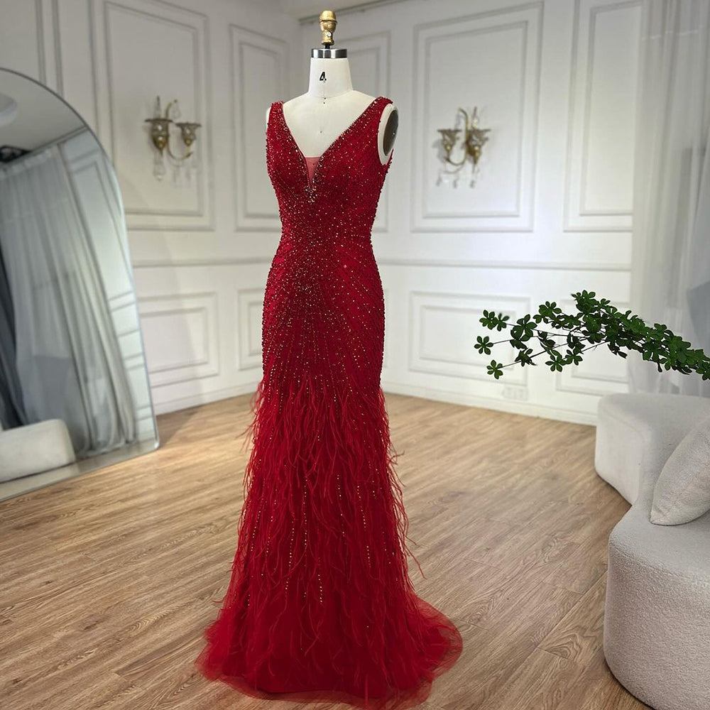 Luxury Blue Spaghetti Strap Beaded Feather Mermaid Evening Dress LA72525 - SERENE HILL