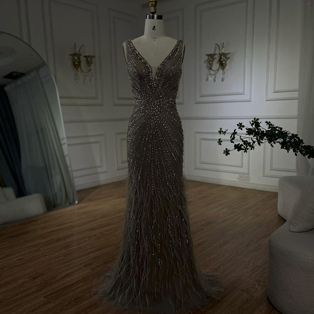 Luxury Blue Spaghetti Strap Beaded Feather Mermaid Evening Dress LA72525 - SERENE HILL