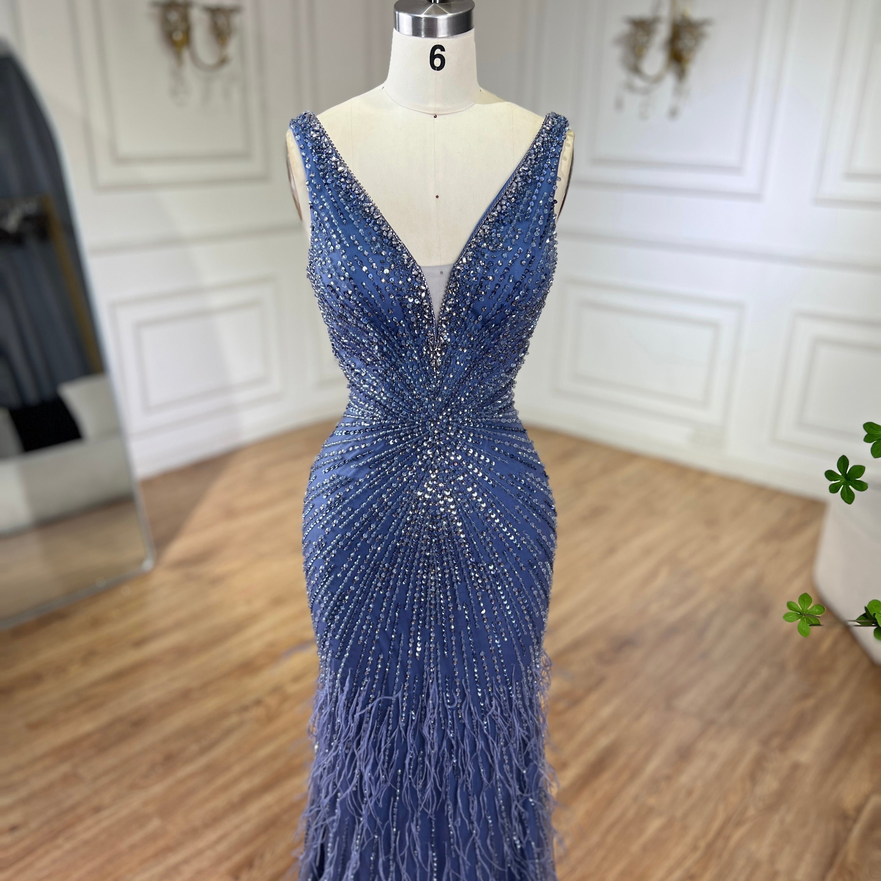 Luxury Blue Spaghetti Strap Beaded Feather Mermaid Evening Dress LA72525 - SERENE HILL