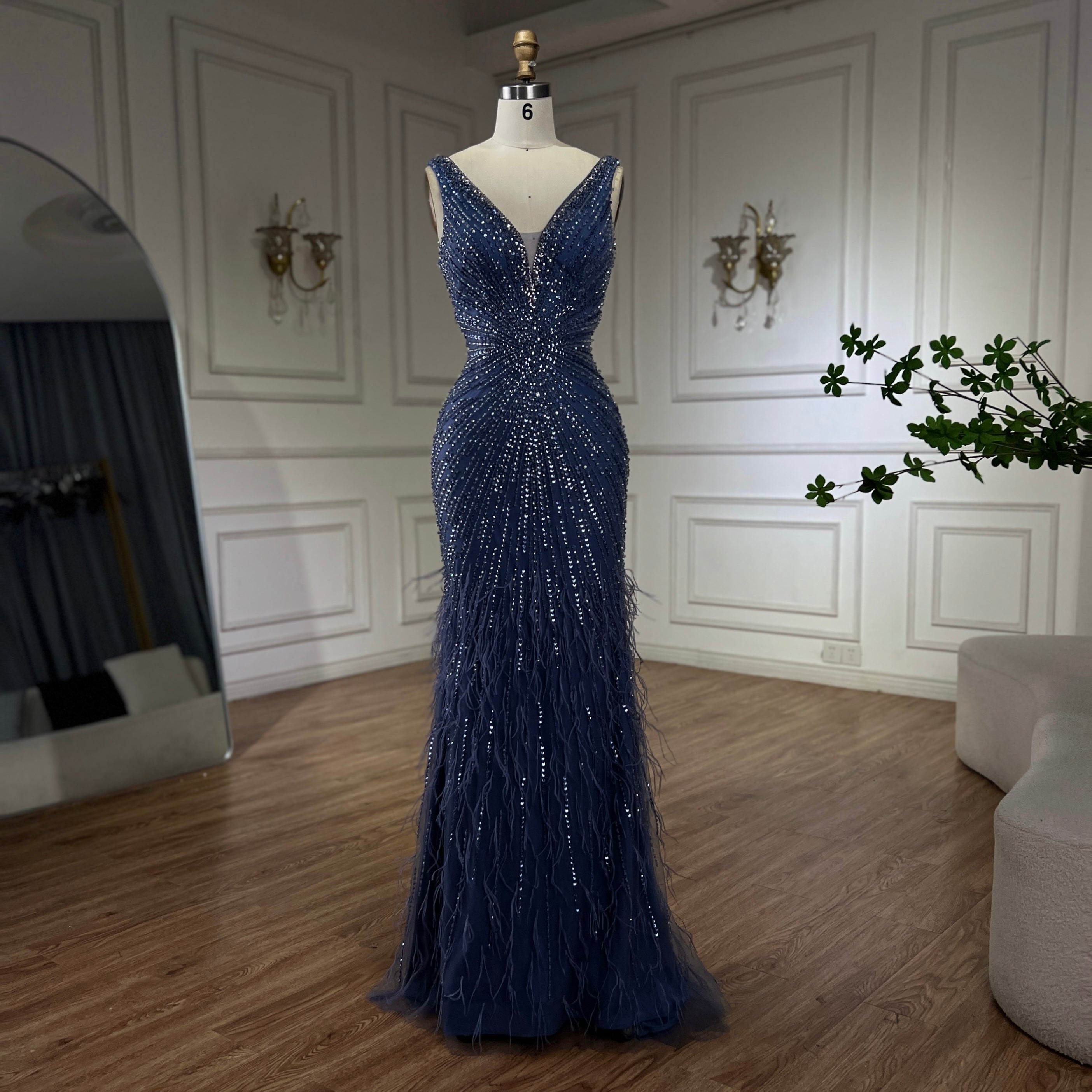 Luxury Blue Spaghetti Strap Beaded Feather Mermaid Evening Dress LA72525 - SERENE HILL