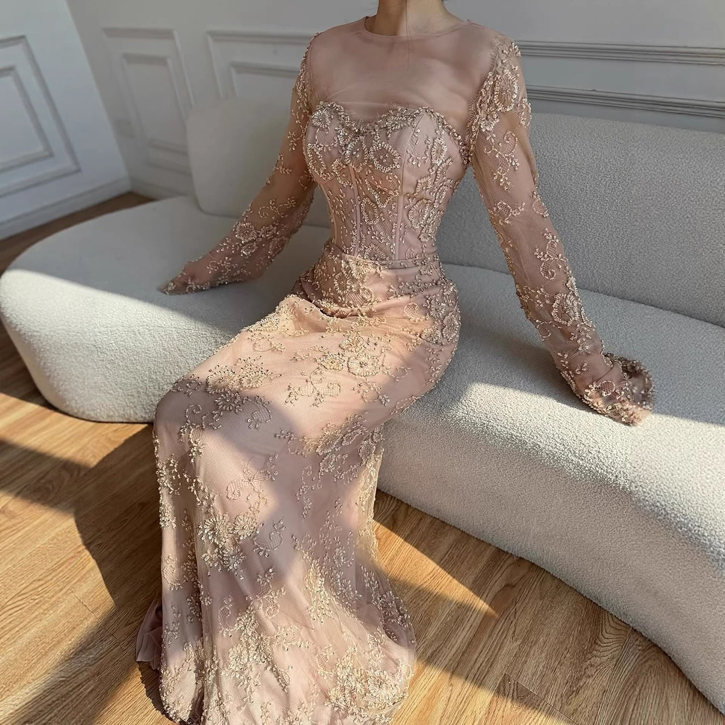 Luxury Arabic Lace Beaded Mermaid Evening Dress with Sleeves LA72545 - SERENE HILL