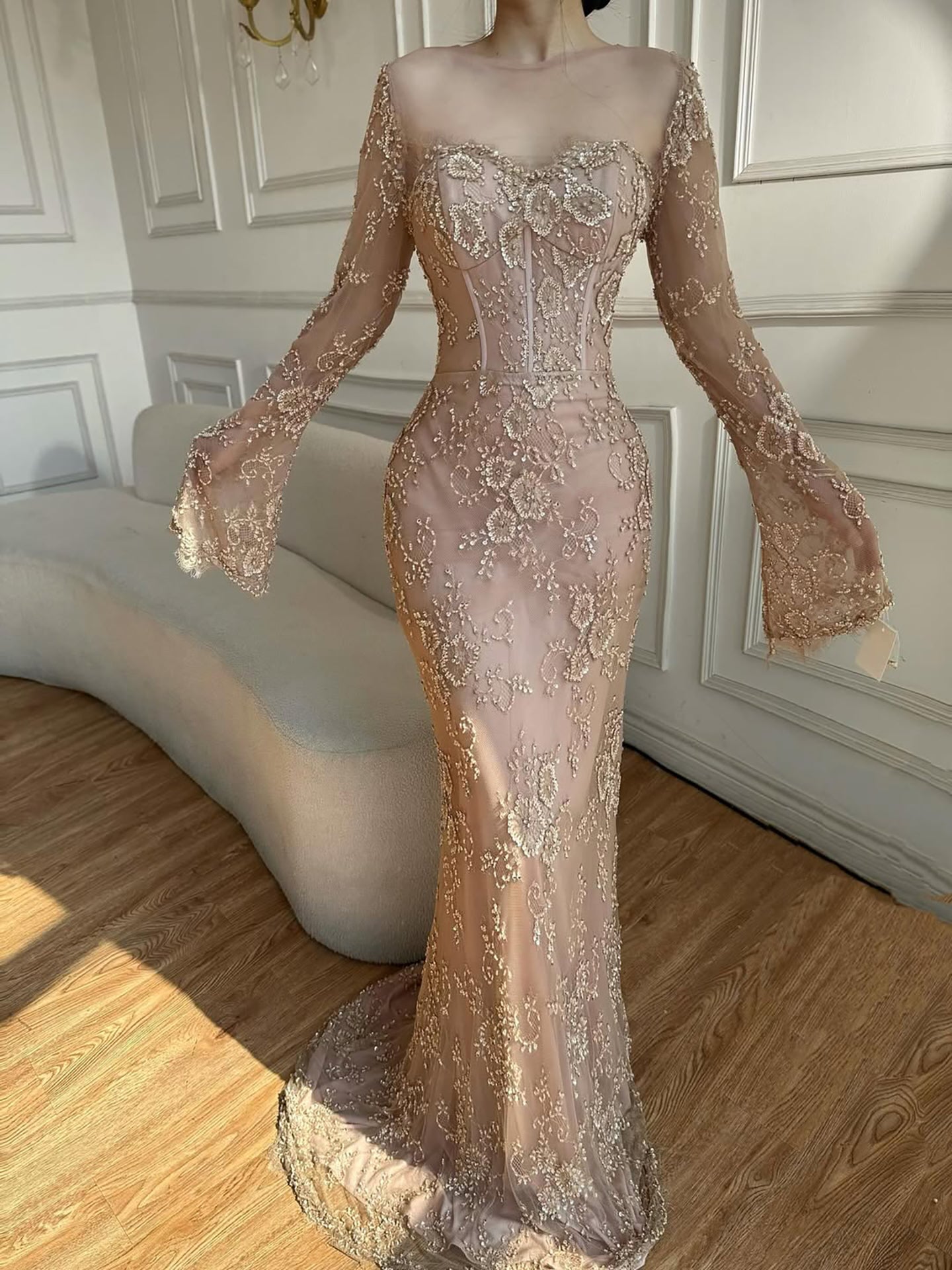 Luxury Arabic Lace Beaded Mermaid Evening Dress with Sleeves LA72545 - SERENE HILL