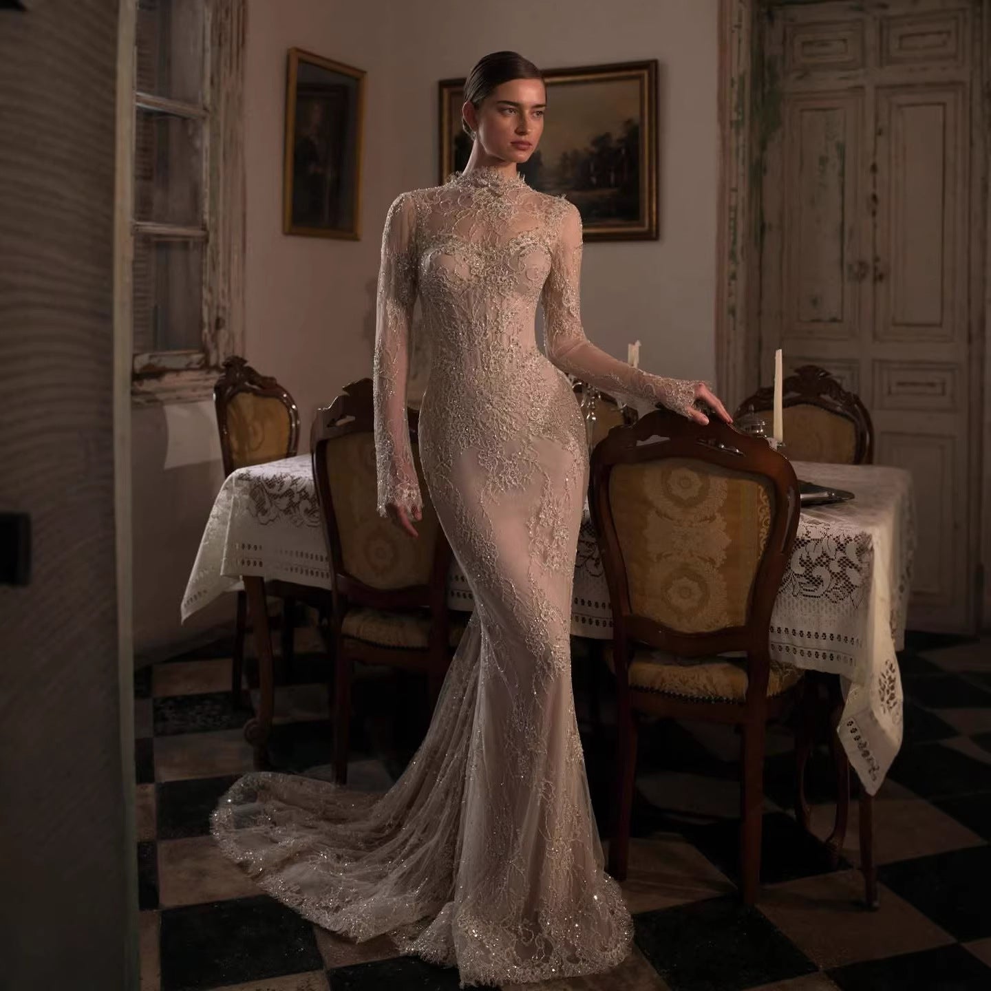 Luxury Nude Beaded Lace Long Sleeve Mermaid Evening Dress LA72545A Nude / 8 Luxury Nude Beaded Lace Long Sleeve Mermaid Evening Dress LA72545A Nude / 8