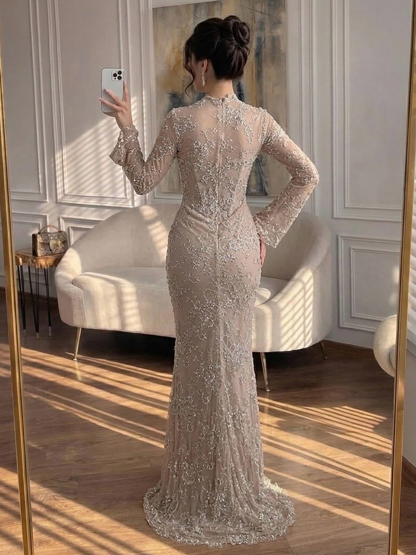 Luxury Nude Beaded Lace Long Sleeve Mermaid Evening Dress LA72545A SERENE HILL